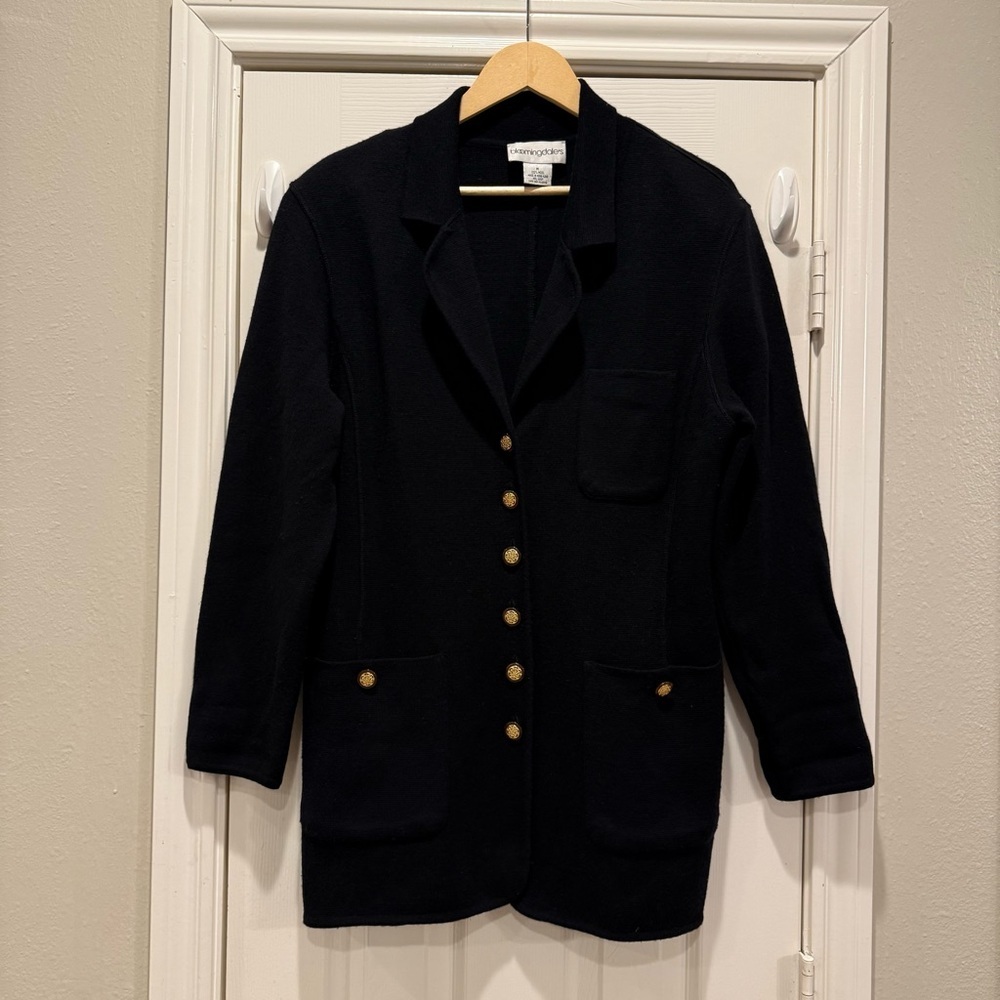Bloomingdale’s Wool Blazer Cardigan Women’s M Black Knit Gold Buttons Old Money